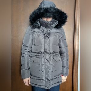 Lauren Ralph Lauren Down Puffer Coat Gray Faux Fur Hood Size M
